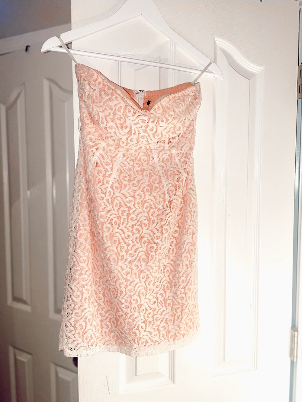 Rhapsody Strapless Lace Sheath Dress in Peach and Cream